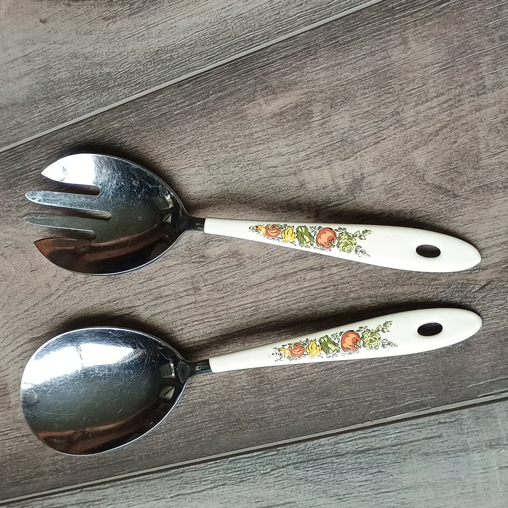 Corning Spice of Life Stainless Salad Serve Fork and Spoon Set Retro Kitchen